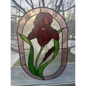 Vintage Stained Glass Iris Suncatcher Oval Floral Purple Green Window Panel 16"